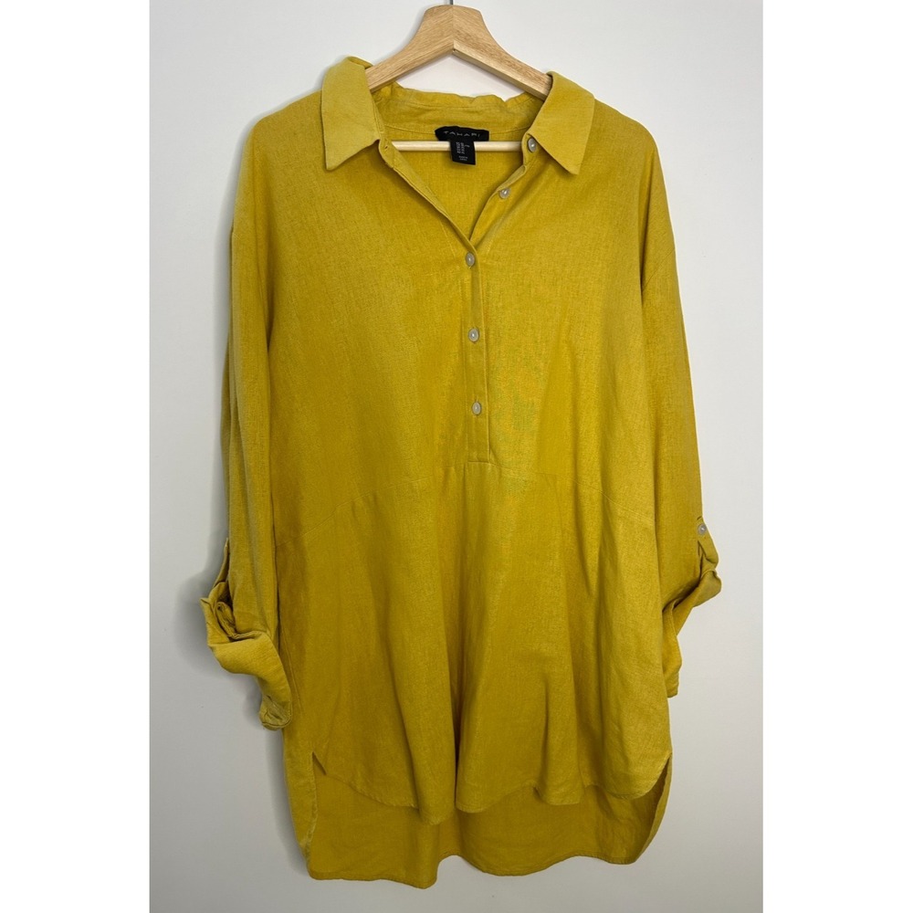 Tahari Mustard Yellow Linen Blend Roll Tab Sleeve Tunic Popover Blouse Womens XL - Picture 2 of 12